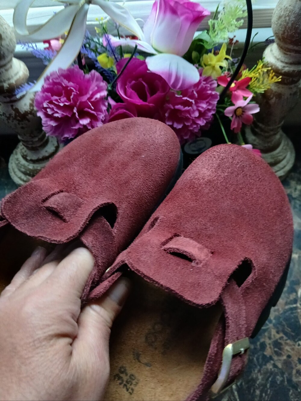 Papillio Birkenstock Women's Burgundy Suede Clog Sandals - Picture 6 of 12